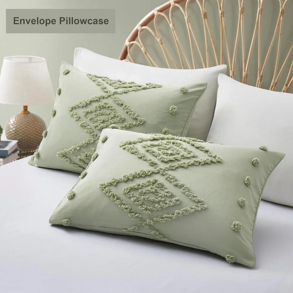 3PC QUEEN KING DUVET SET Sage Green Boho Cottage Tufted Duvet & Pillowcases